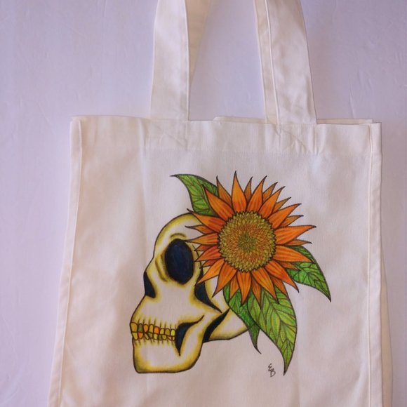 Hand Painted Skull Tote Bag: Sunflower Art, Reusable Canvas Bag 14x13x7 - Picture 2 of 16